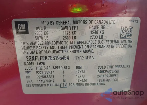 2014 Chevrolet Equinox 1Lt из США, поврежденный, VIN 2GNFLFEK7E6195454